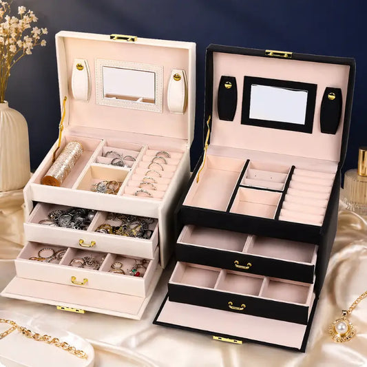 Joyero Organizador de 3 Niveles con Espejo y Llave